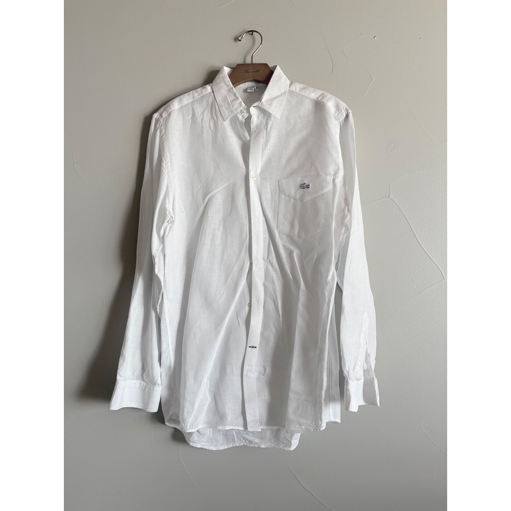 Lacoste White 100% Linen Long Sleeve Button Down Shirt SZ M/38 Made in Morocco